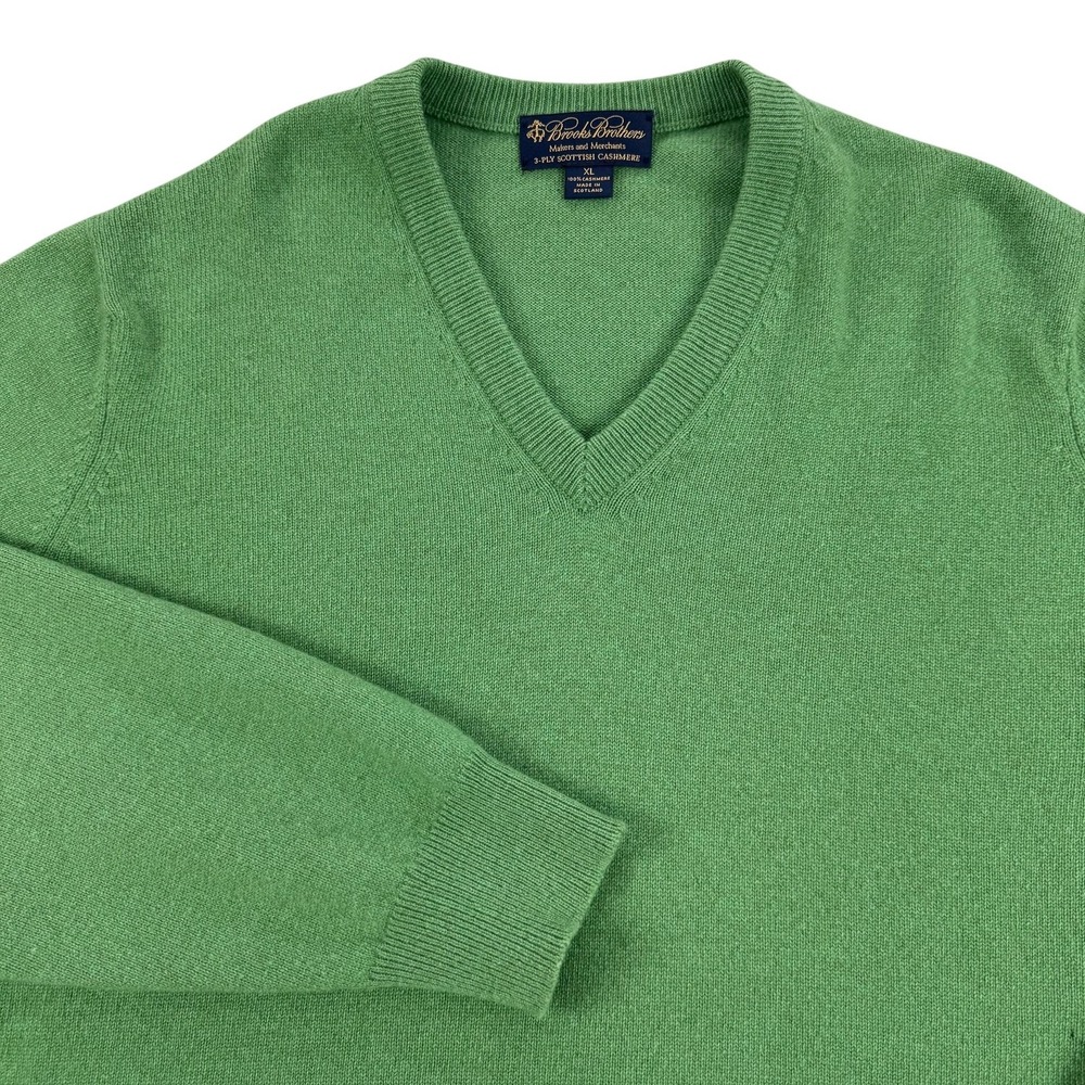 Brooks Brothers Sweater Mens XL Green 3-Ply Scottish Cashmere V Neck Pullover
